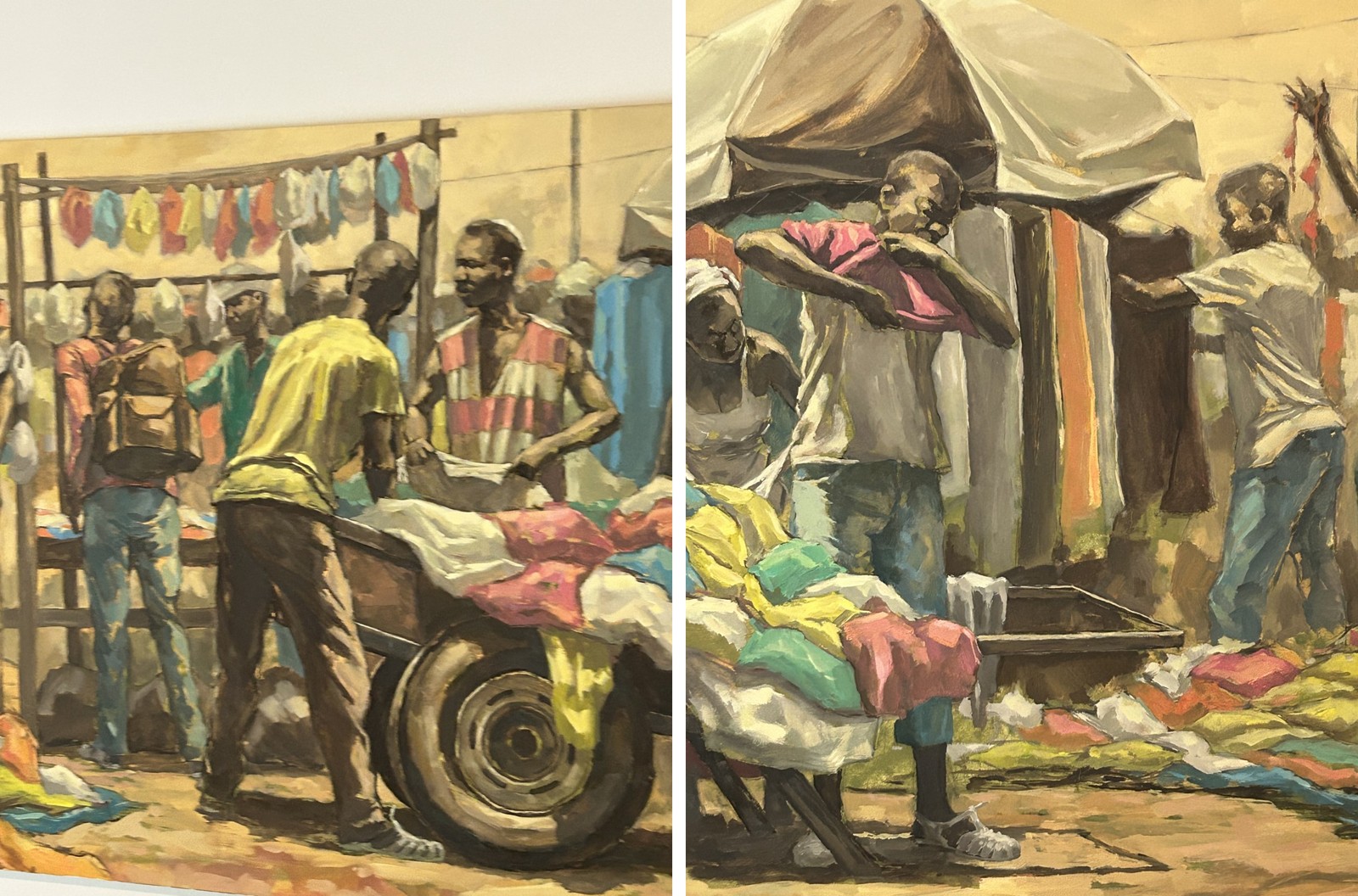 Diptyque peint, scène de marché africain, les deux toiles réunies